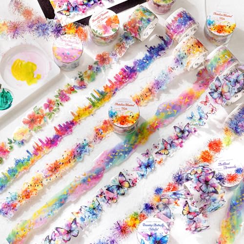 Alideco 6個 マスキングテープ かわいいロレトロ彩墨の花と蝶飛ぶ鳥と音符 透明な耐水性 インク PET 粘着 テープ 広幅 DIY おしゃれ マステ シール (caimohuanying)