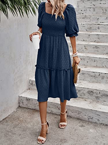 PRETTYGARDEN Women's Summer Casual Dresses 2025 Spring Puff Sleeve Square Neck A-line Flowy Boho Floral Smocked Midi Dress4