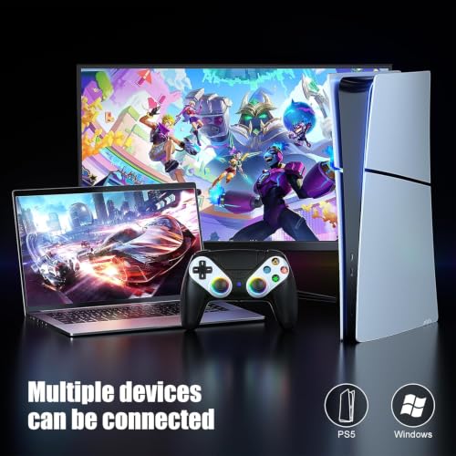 Image of Dinosoo RGB Wireless Controller for PS5 /PC /Mobile - Bluetooth Gamepad with Turbo, Macro, Dual Vibration, 6-Axis Gyro, 3.5mm Audio Jack, Built-in Speaker, 1000mAh Battery (Black)