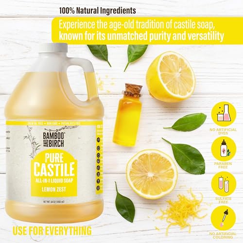 Image of BAMBOO AND BIRCH Pure Castile Soap Liquid, Certified Palm Oil Free Natural Soap, Lemon Zest, 128 oz