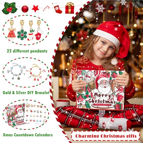 Gift for Christmas Girl Charm DIY Bracelets Making Kit Gift for Kids Girls Xmas Gifts 22 Charm Beads Gold and Silver Bracelets For Teens Adult - Image 4