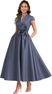 Tea Length Mother of The Bride Dresses for Women Satin 3D Flower Formal Dress Cap Sleeve Cocktail Dresses
