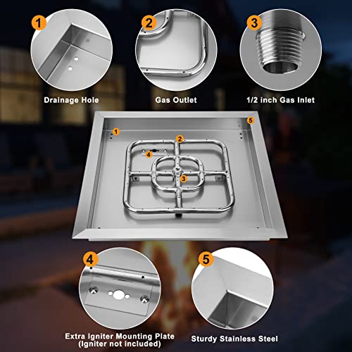 Image of Onlyfire 18 Inch Square Fire Pit Burner Pan with Square Burner Ring - 304 Stainless Steel Drop-in Gas Fire Pit Insert for Natural Gas & Propane, 92,000 BTU, Square Flame Pattern for DIY Fire Table