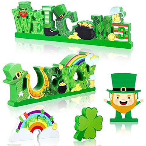 5 Pcs St Patricks Day Decorations for Tiered Tray Shamrock Clover Gnome Wood Sign Lucky Welcome Wooden Shamrock Decorations Farmhouse Freestanding Irish Theme Table Centerpiece for Tabletop Home Party Cover