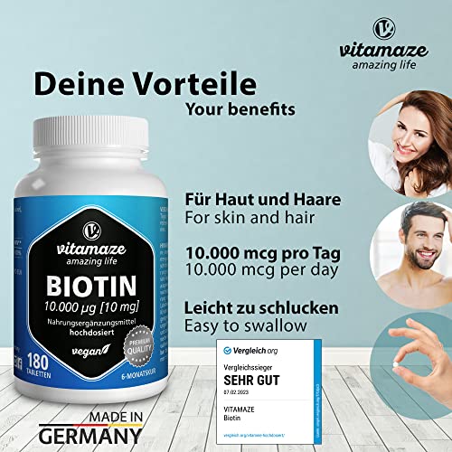 Foto von Biotin 10000 mcg hochdosiert vegan, 10 mg reines Biotin (Vitamin B7), für Haarwuchs & Haut, 180 Tabletten für 6 Monate, Natürliche Nahrungsergänzung ohne Zusatzstoffe, Made in Germany