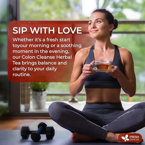 Image of FreshDrinkUS, Premium Colon Cleanse Tea - 60 Tea Bags - Rhubarb Root & Hawthorn Berry with Senna, Lotus Leaf, Valerian Root & Psyllium Husk - Herbal Blend, Caffeine-Free. Vegan