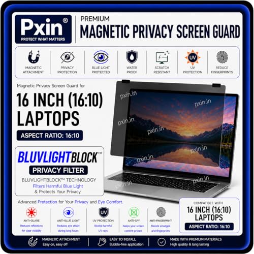 Image of Pxin Nano | 16 Inch (16:10) | Magnetic Privacy Screen | Anti Blue | Anti Glare | UltraThin for Hyper Touch | Anti UV | Nano Privacy Filter compatible with HP /Dell /Lenovo /Asus /Acer