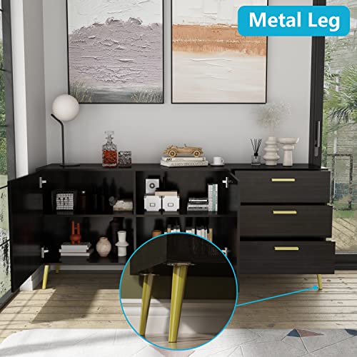 Aiegle Sideboard Buffet Cabinet With 3 Drawers & 2 Doors, Kitchen Buffet Storage Cabinet Entryway Cupboard With Gold Metal Legs, Black Walnut (69" L X 15.6" W X 30" H) #TOP2