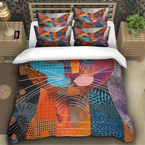 Housse de couette chat 140x200 imprimé 3d géométrique avec fermeture éclair