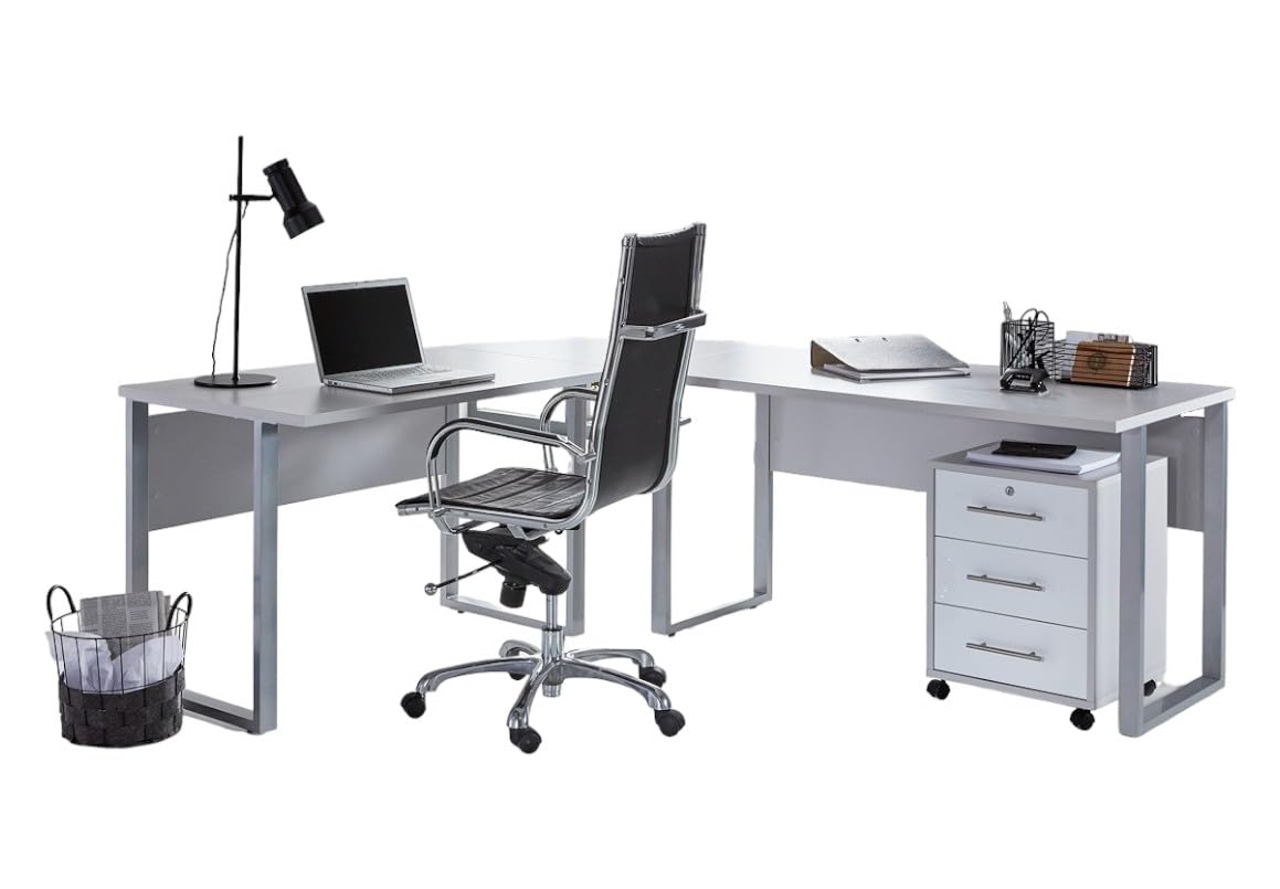 Homeoffice Büromöbel Komplettset Office Edition Set 2 in Grau/Weiß Matt Winkelschreibtisch Rollcontainer Schrankwand Made in Germany