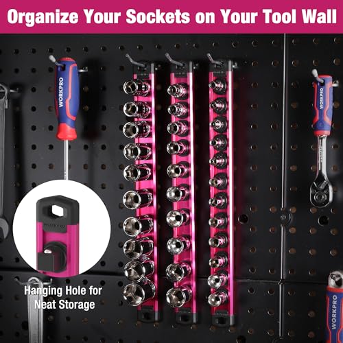 Image of WORKPRO Magnetic Socket Organizer, Heavy Duty 1 /4-Inch Drive Socket Rail | Aluminum Alloy, 12 Pieces Clips, Rotatable & Movable Clips, Efficient Organization