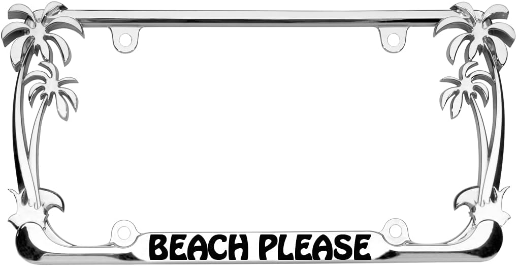Beach Please Palm Tree Design Chrome Metal Auto License Plate Frame Car Tag Holder/Fits US/CAN Vehicles