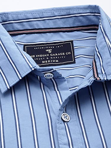 Image of Indian Garage Men's Slim Fit Casual Striped Cotton Shirt Features Cutaway Collar, Full Sleeves, one Patch Pocket, Regular Length, Curved Hem and Button Closure.