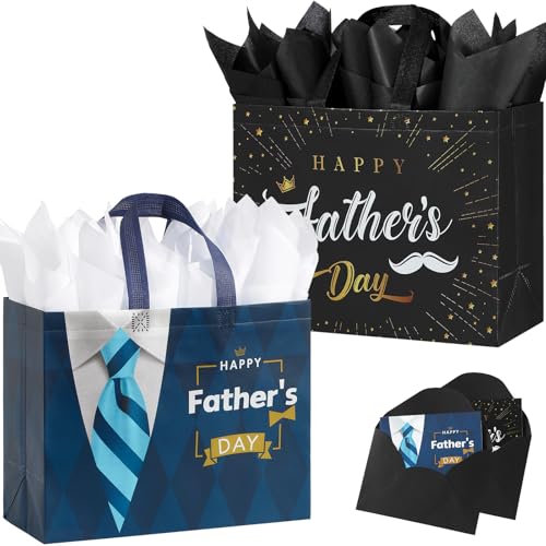 YANGTE 2 Pack 13 Large Fathers Day Gift Bags with Tissue Paper and Cards Reusable Non-Woven Fathers Day Bags with Handle for Best Men Funny Dad Gift Wrap Bags for Presents Party Favors Supplies