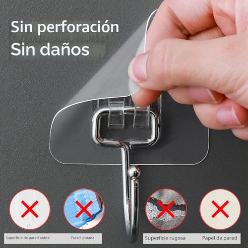 Miniatura 5 de Latoxcaa Ganchos Adhesivos Grandes Extra Fuertes Para Colgar, Resistencia Pesada 20 Kg Máx , 10 Unidades Ganchos Transparentes Y Desmontables, Impermeables Y Antióxido, Autoadhesivos Para Baño