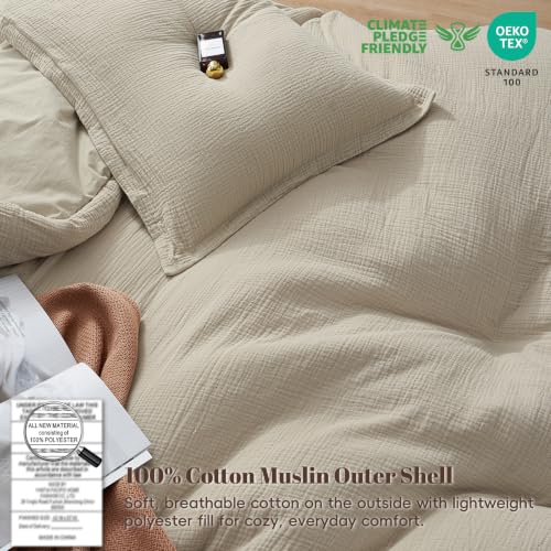 Image of PHF Cotton Muslin Comforter Set King, Ultra Soft Breathable, Taupe