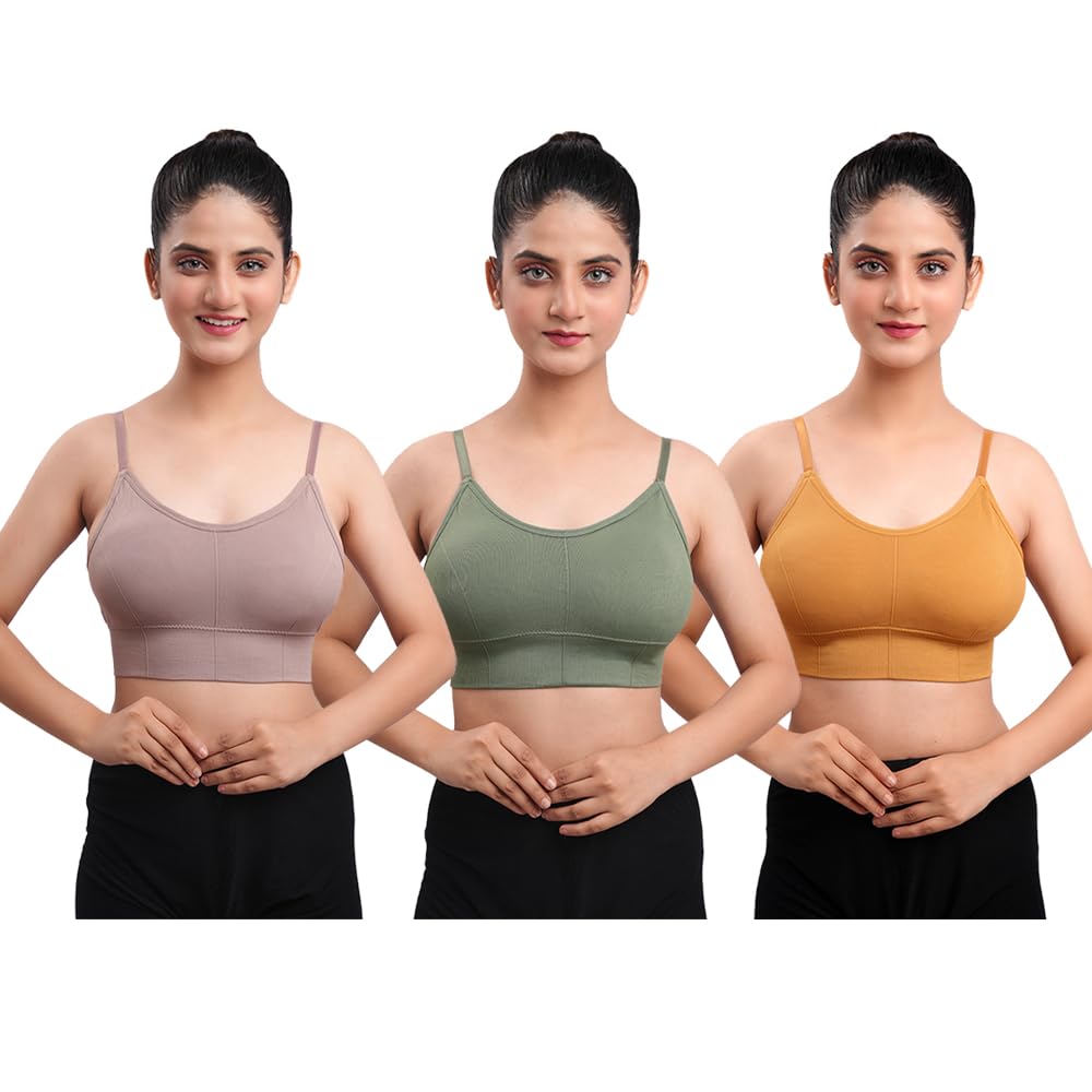 texello Women's Cotton Wire-Free Full Coverage Lightly Padded Sports Bra - Comfortable & Supportive Everyday Wear - Pack of 3 (Size- 34, Green, Brown, Yellow)-picture-27