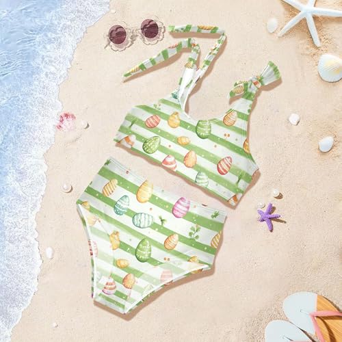 JUNZAN Easter Eggs Carrots Stripes Girl Bathing Suits High Waisted 2 Piece Swimwear Little Girls Beach Surf Suits 3T4