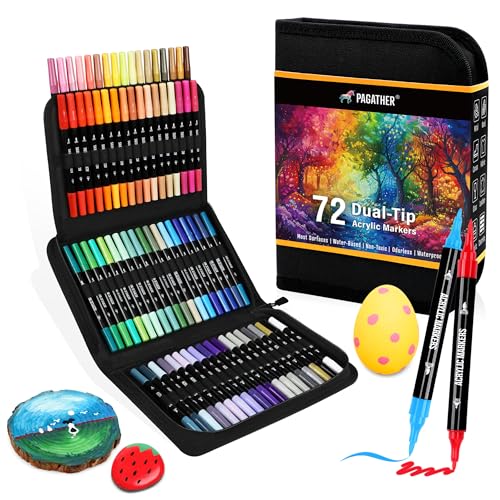 72 Colors Acrylic Paint Markers, Dual Tip with Fine Tip and Brush Tip Pens for Stone, Wood, Calligraphy, Canvas, Ceramic, Metal, Glass, Rock Painting, DIY Crafts Art Supplies Kit