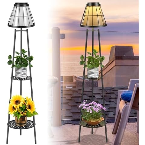 Solgicar 45.4'' Metal Outdoor Solar Floor Lamps with 2 Plant Stand, Solar Lights Plant Stand, Waterproof Solar Lantern Lights for Patio Deck Yard Garden Porch- Black Cover