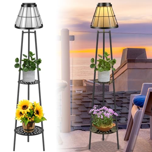 Solgicar 45.4'' Metal Outdoor Solar Floor Lamps with 2 Plant Stand, Waterproof Solar Lights Plant Stand for Patio Deck Yard Garden Porch- Black