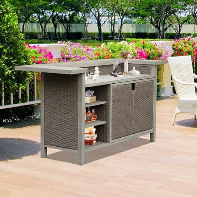 Outdoor Bar Cart with Storage Cabinet, Patio Bar Table, All-Weather for Patio, Kitchen, or Outdoor Entertainment, Wood Grain Finish-ahVxSg4Y