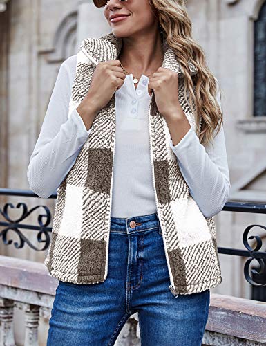 Lomon Women's Casual Sleeveless Zip Up Fuzzy Fleece Lightweight Warm Zipper Vest With Pockets Khaki Plaid L… #TOP1