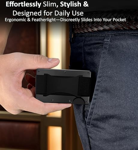 EDGE Men Minimalist Aluminum Wallet with Cash Strap Slim Wallet for Men, Thin as a Rail, Minimalist Aesthetics, Holds up to 12 Cards, RFID Safe, Blocks Chip Readers Black2
