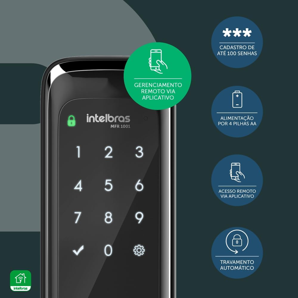 Intelbras MFR 1001 Smart Overlay Lock installed on a door, showing door thickness compatibility