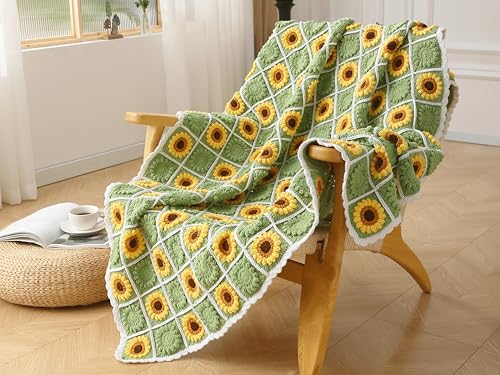 HZYZW Crochet Granny Blankt, Boho Knitted Sunflower Throw Blanket, Travel