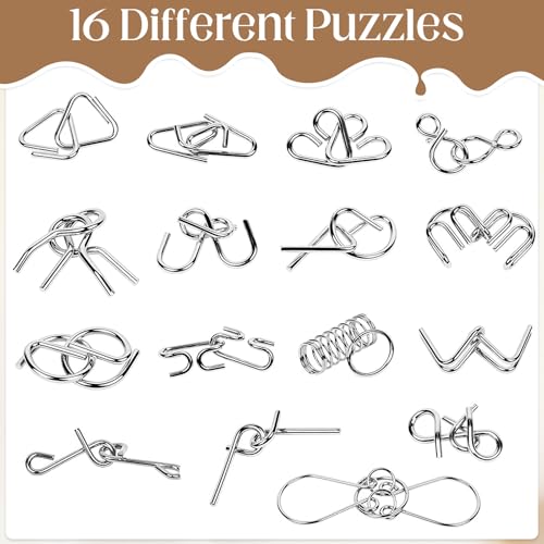 Image of 16 Pack Metal Puzzles for Adults & Kids - Brain Teaser Metal IQ Puzzle Set with Storage Pouch, Disentanglement Interlock Puzzle Game for Focus & Fun