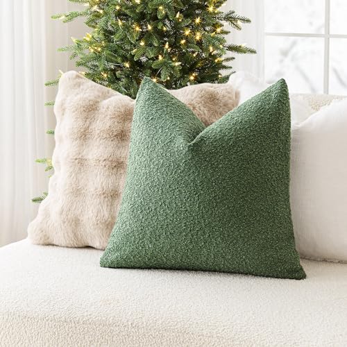 Image of Foindtower Set of 2, Decorative Textured Boucle Throw Pillow Covers Accent Solid Pillow Cases Neutral Cozy Couch Cushion Case for Chair Sofa Bedroom Living Room Home Decor 24 x 24 Inch Hunter Green