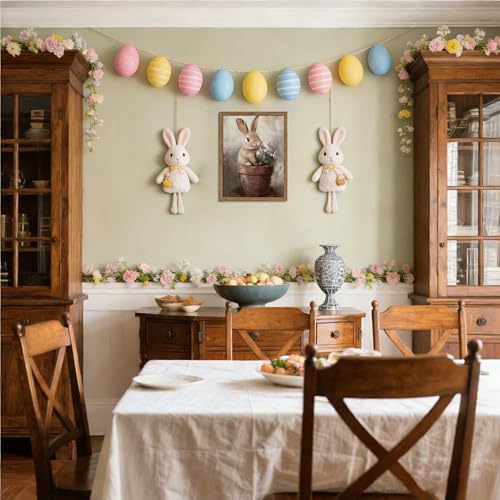 Image of Framed Vintage Easter Wall Art, Cute Rabbit in Flower Pot Picture Prints, Cottage Farmhouse Bunny Canvas Artwork, Holiday Wall Decor for Kids Room Girls Bedroom Living Room 12x16 inch