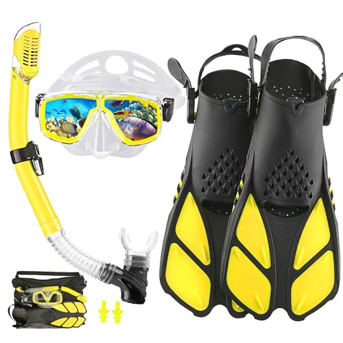 DiVLMT Snorkeling Gear for Adults with Fins Scuba Diving Gear Adult Professional Travel Snorkel Sets with Flippers,Anti-Fog Anti-Leak Diving Mask (Yellow, US Men 9-13 | US Lady 10-14)