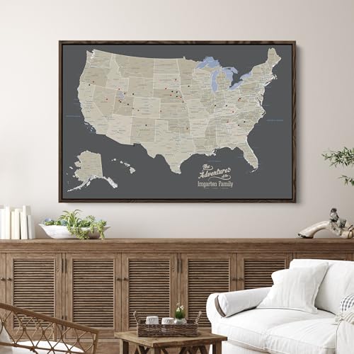 Image of United States Travel Map with Pins - Earth Tone USA Pinnable Map to Track Travels - Large Canvas Wall Art Gift for Travelers - Brown Float Frame - 30 inch x 45 inch