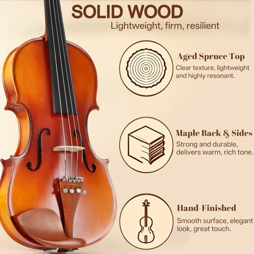 Image of Kmise Teacher Approved 3 /4 Size Violin Starter Kit for Adults Beginners Students, Tough Jujube Wood Acoustic Violins, Fiddle Bundle with Case, Bow, Rosin, Strings, Shoulder Rest & Guide
