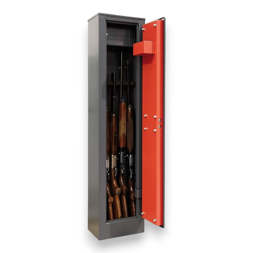 Armadio portafucili con tesoretto struttura acciaio predisposizione ancoraggio parete chiusura catenacci serratura sicurezza - 31.5x20.5xH138 cm - 5 posti