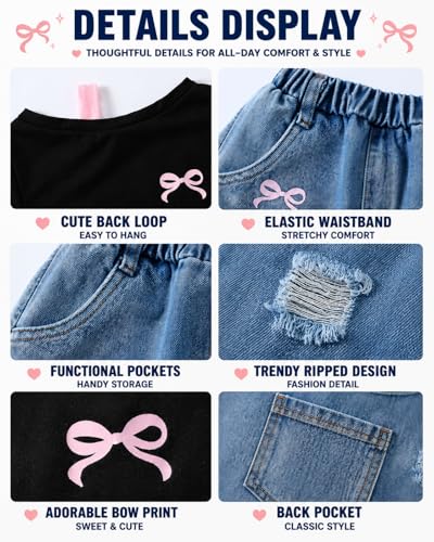 Image of Azmxynol Tween Girl Clothes Summer 2 Piece Outfit Set Trendy Tee Shirt + Denim Shorts, Size 7-16 Years