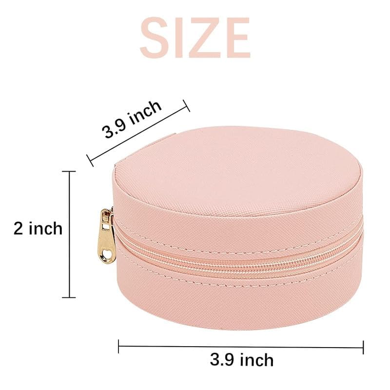 Image of Travel Jewelry Box Mini Portable Organizer Travel Case with Zipper Faux PU Leather Small Storage Boxes for Rings Earrings Necklaces Bracelets for Women Girls (Round-Pink)