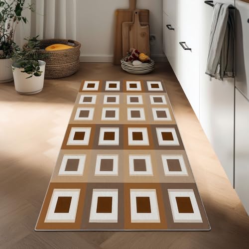 Sfondo Geometrico Tappeto Corridoio Lungo Quadrati Simmetrici 40 x 120 cm Tappeti Stretto, Marrone Cucina Antiscivolo Lavabile in Lavatrice Tapette Camera da Letto Pelo Corto Lungo Carpet