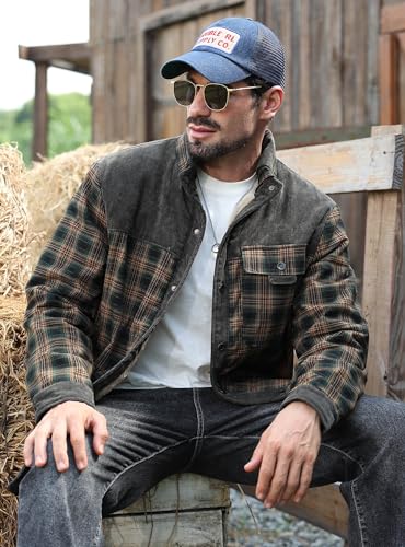 HYPESTFIT Men's Corduroy Plaid Sherpa Lined Flannel Shirt Jacket Fleece Coat4