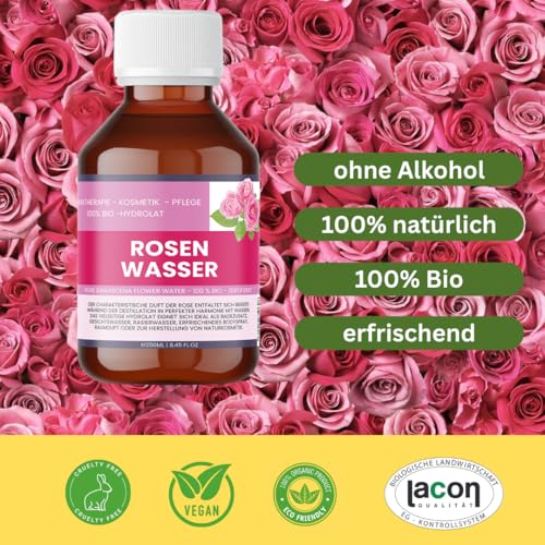 Bio-Rosenwasser 250 ml – 100% Reines Rose Damascena Hydrolat für Gesicht, Haare & DIY-Kosmetik - Organic Rose Water - Nakobe