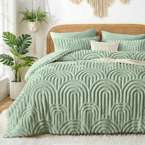 Image of Nesker Boho Tufted Full Comforter Set, 7 Pcs Sage Green Bedding Sets, Soft Cozy Chic Bed in a Bag, Arch Pattern Shabby Bed Set All Season with Comforter, Fitted Sheet, Flat Sheet & Pillowcases