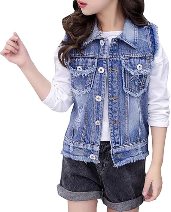Girls Casual Ripped Denim Vest Jacket Burr Childs Turn Dwon Collar Vest Jeans Tops Sleeveless Jackets Trendy Outwear