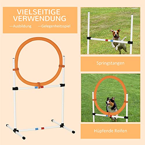PawHut Agility Sprungring für Hunde, Agility Set Hunde, Agility Ring 2 in 1 Sprungringstange mit Tragetasche Kunststoff 74,5 x 66 x 91 cm Weiß+Orange