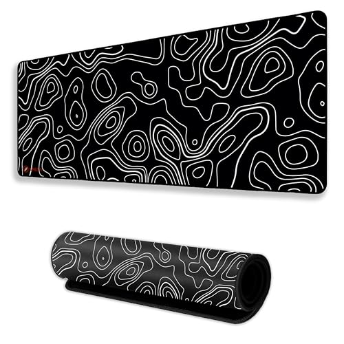 Image of Black Contour Line Mouse Pad 12x32 Inch 3mm Extended Gaming Desk Mat with Anti-Slip Rubber Base Mousepad for Smooth Surface Desk pad for PC & Laptop Use Waterproof & Stiched (Black /White)Deskpad