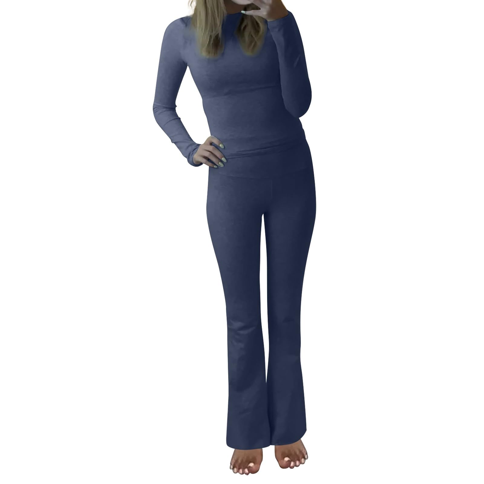 Tuta da yoga da donna, 2 pezzi, in cotone, elasticizzata, slim fit, a maniche corte, girocollo, top e pantaloni lunghi, tinta unita, per il tempo libero