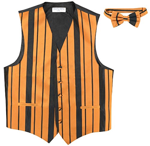 Vesuvio Napoli Men's Dress Vest & BOWTie GOLD & BLACK Color Woven Striped Design Bow Tie Set
