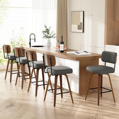 Image of Swivel Bar Stools Set of 5, 26 inch Upholstered Faux Leather Counter Height Barstools with Walnut Back & Bentwood Legs, Mid Century Modern Bar Chairs Island Stools for Kitchen Counter, Dark Grey