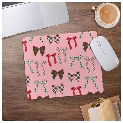 Coquette Plaid Bow Pink Mouse Pad, Girly Christmas Red Green Bows Mousepad for Desk Home Office Dorm Computers Laptop Gaming Accessories, 8.7x7.1 Inch